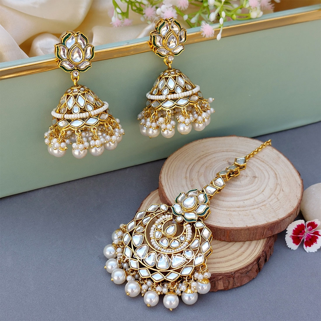 Maang Tikka and Earrings Set - White