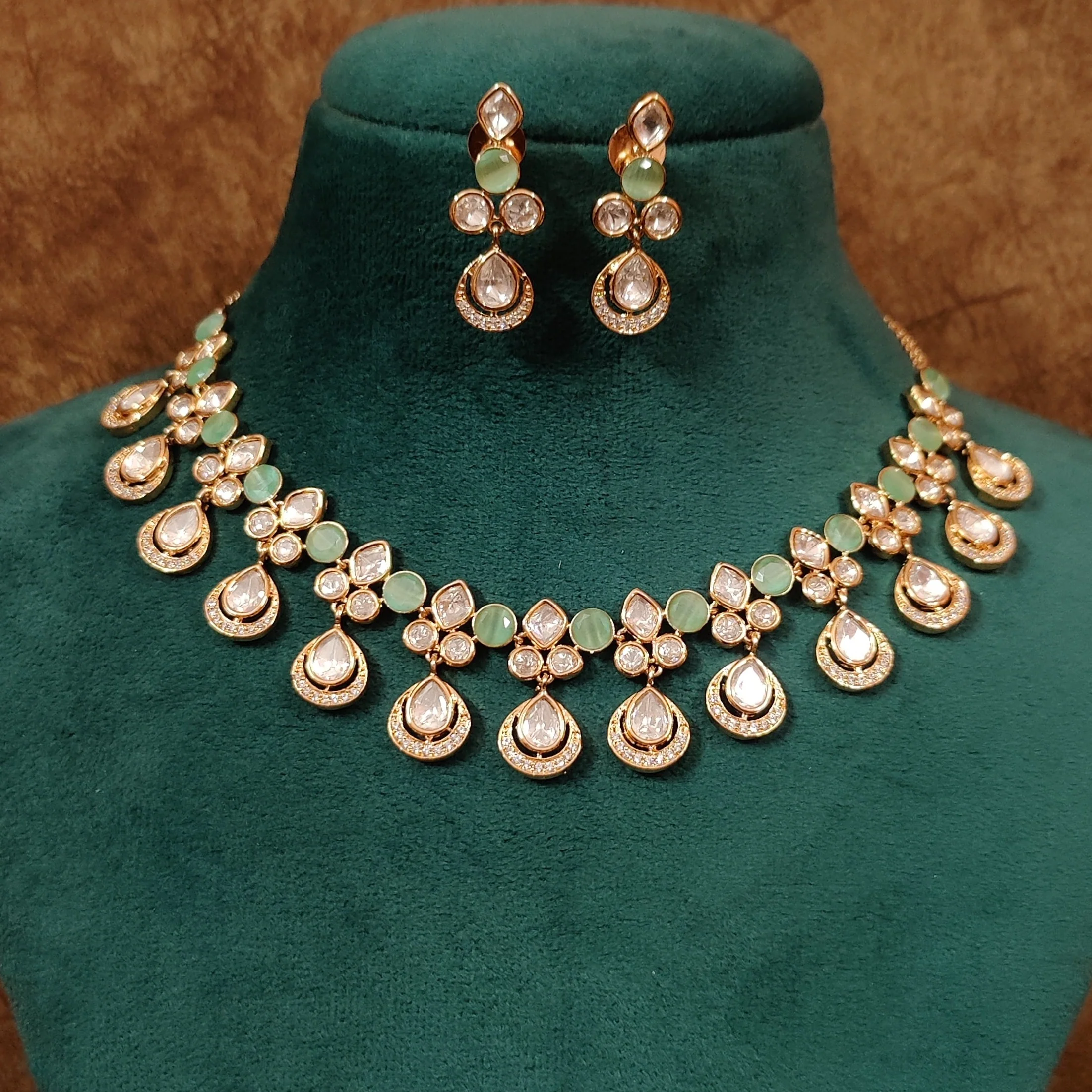 Mint Green Kundan Polki & CZ Stones Necklace Set