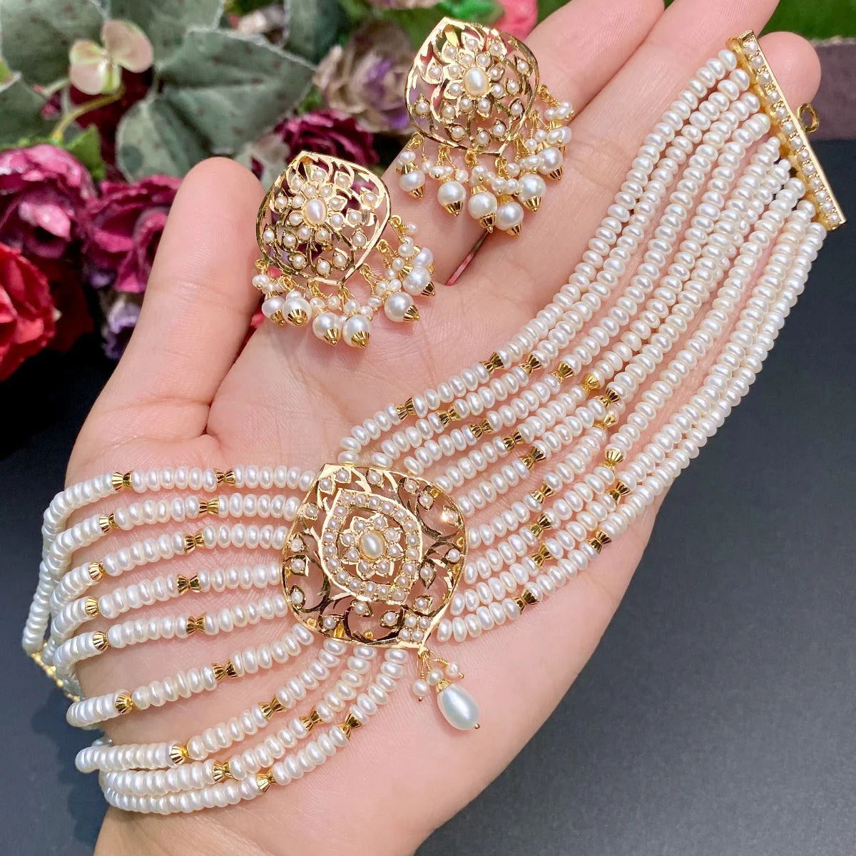 Gold & Pearl Jewellery | Antique Style Indo Western Choker