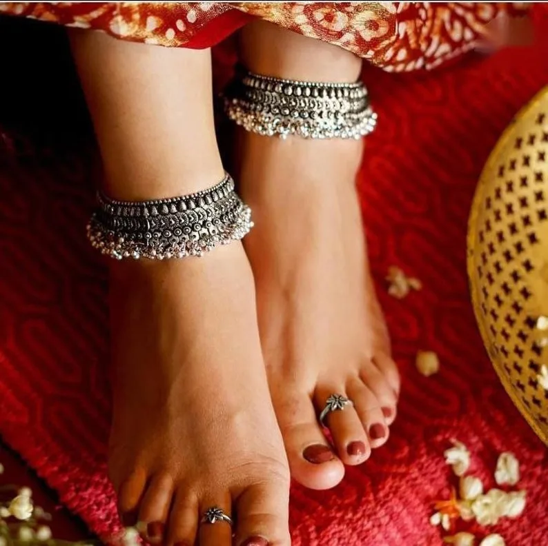 Oxidised Silver Traditional Payal for Women