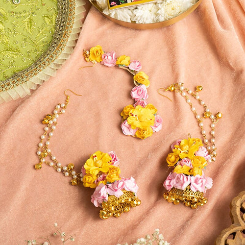 Floral Yellow Maang Tikka and Earrings Set