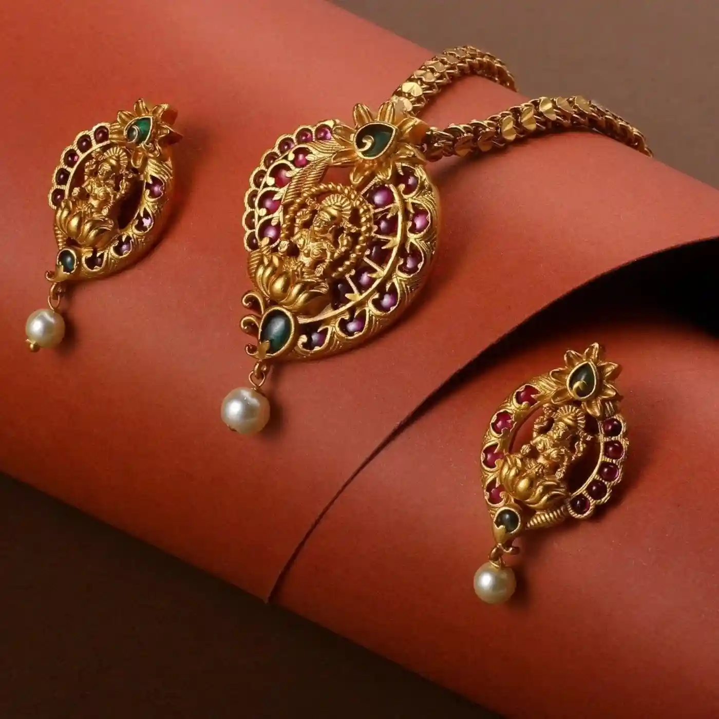 Traditional Gold Plated Pendant and Earrings Set for Women