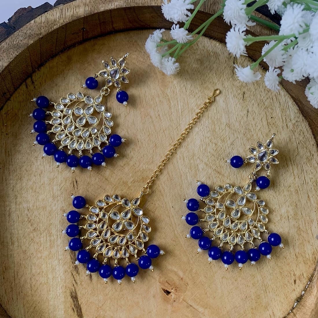 Royal Blue Pearl Maang Tikka and Earrings Set