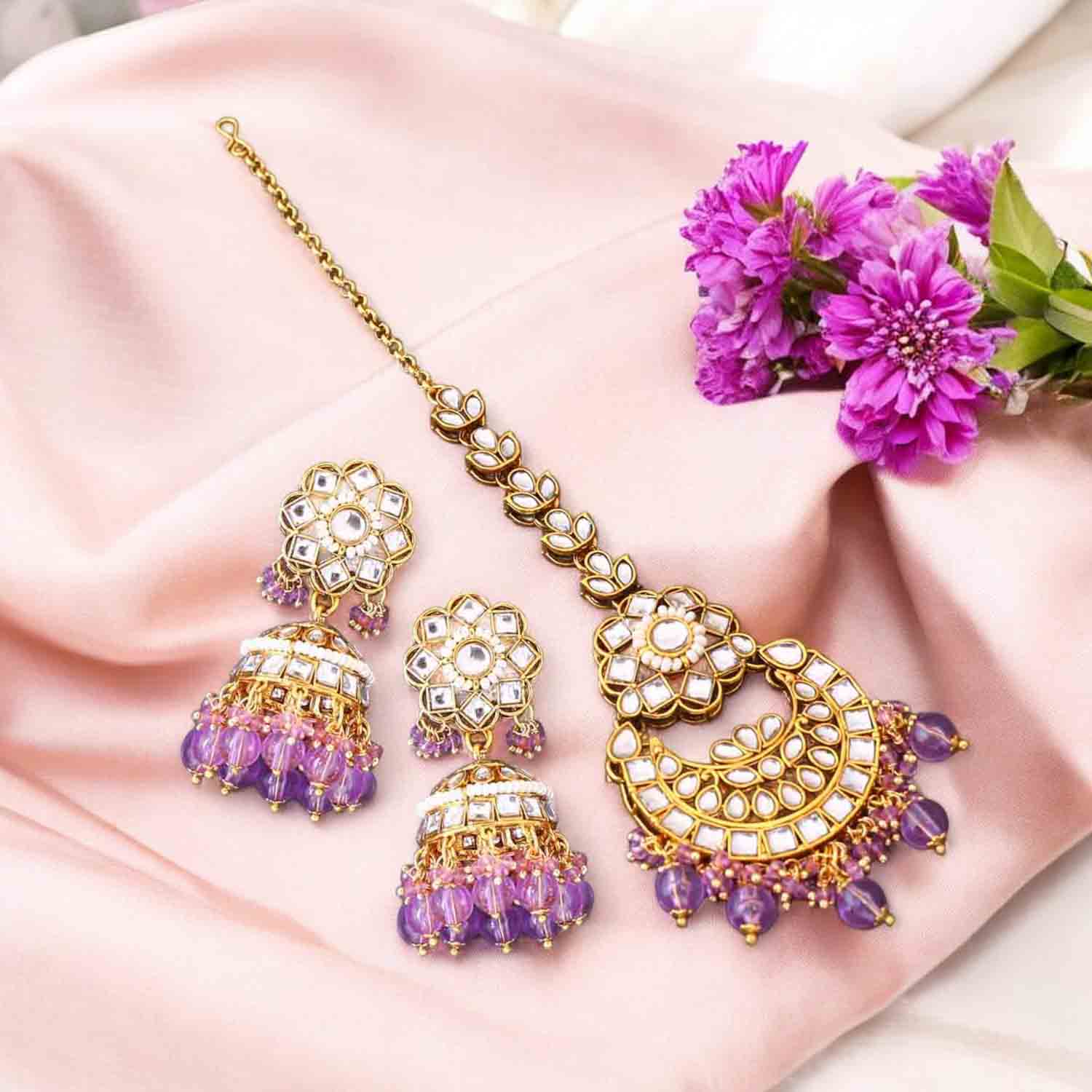Purple Gold Kundan Maang Tikka and Earring Set