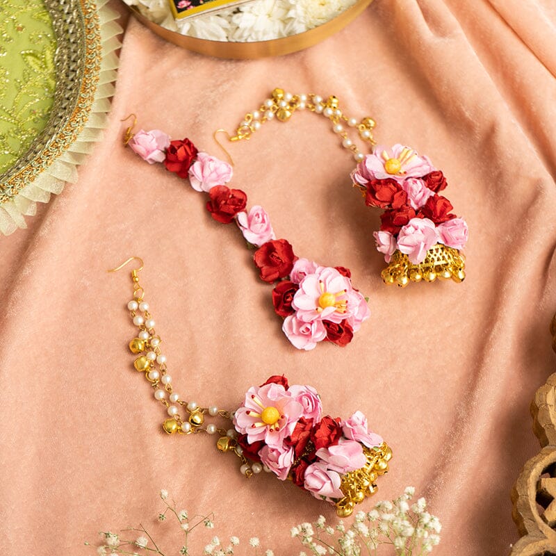 Pink Floral Maang Tikka and Earrings Set for Haldi Function