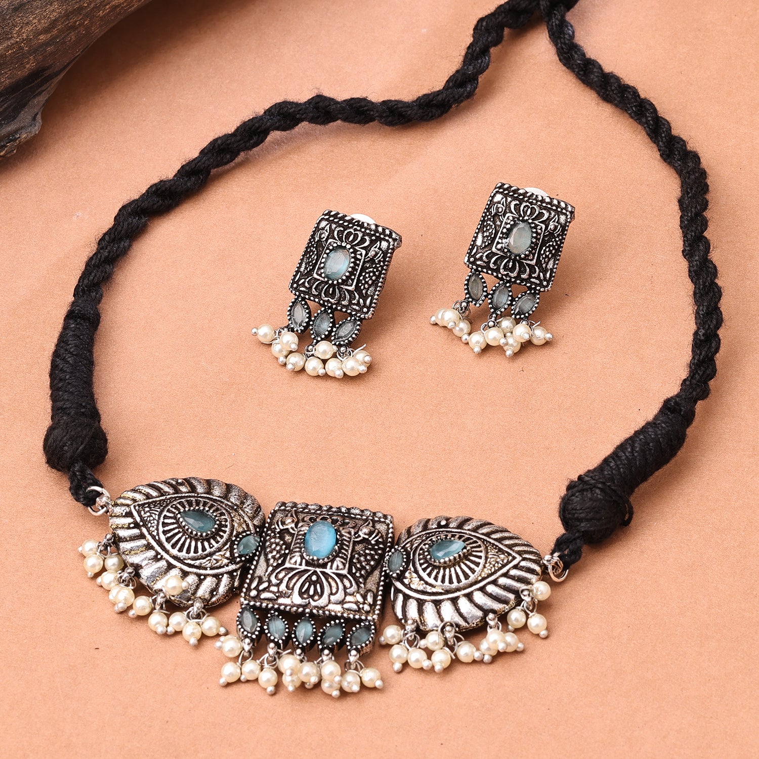 Oxidised Silver Pearl Choker Ser with Earrings