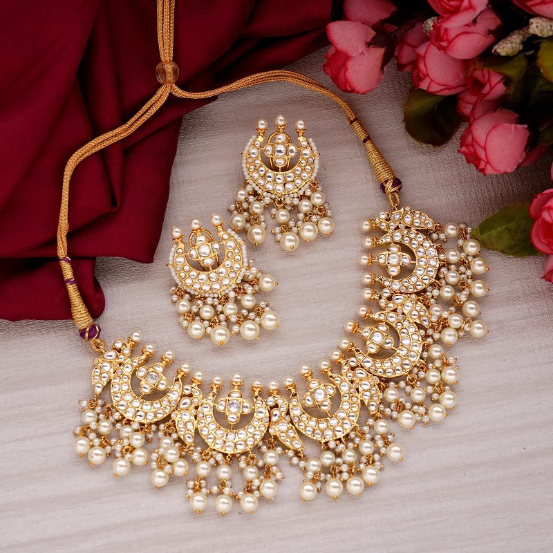 White Pearl and Gold Plated Necklace and Earrings Set for Women