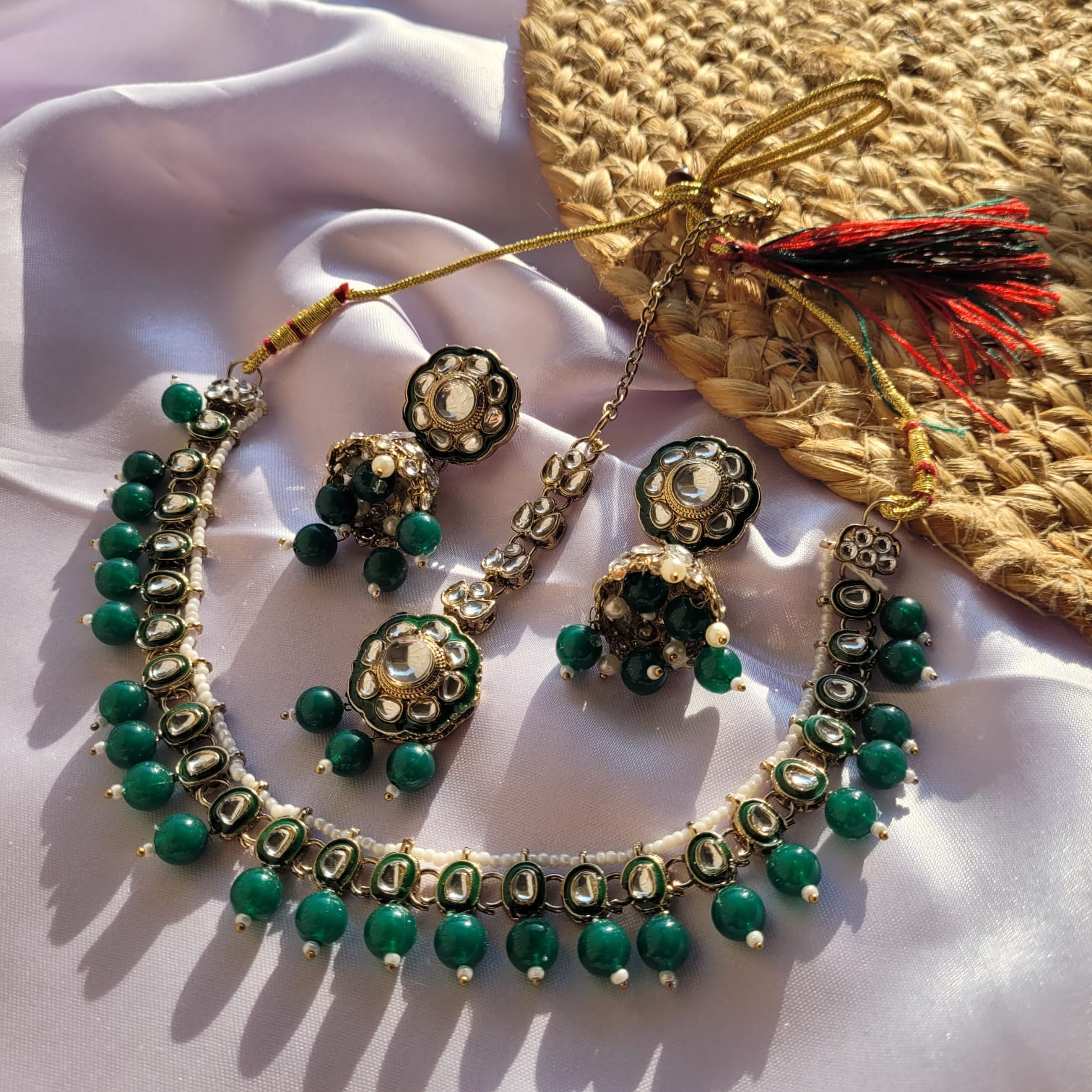Green Pearl Necklace and Earring Set