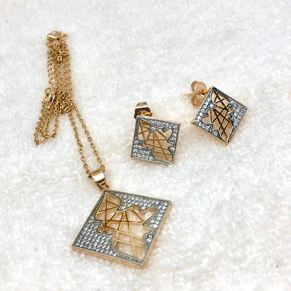 Square Geometric Pendant and Earrings Set for Women