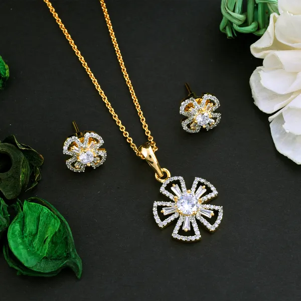 Gold Plated Flower Pendant and Earring Set for Women