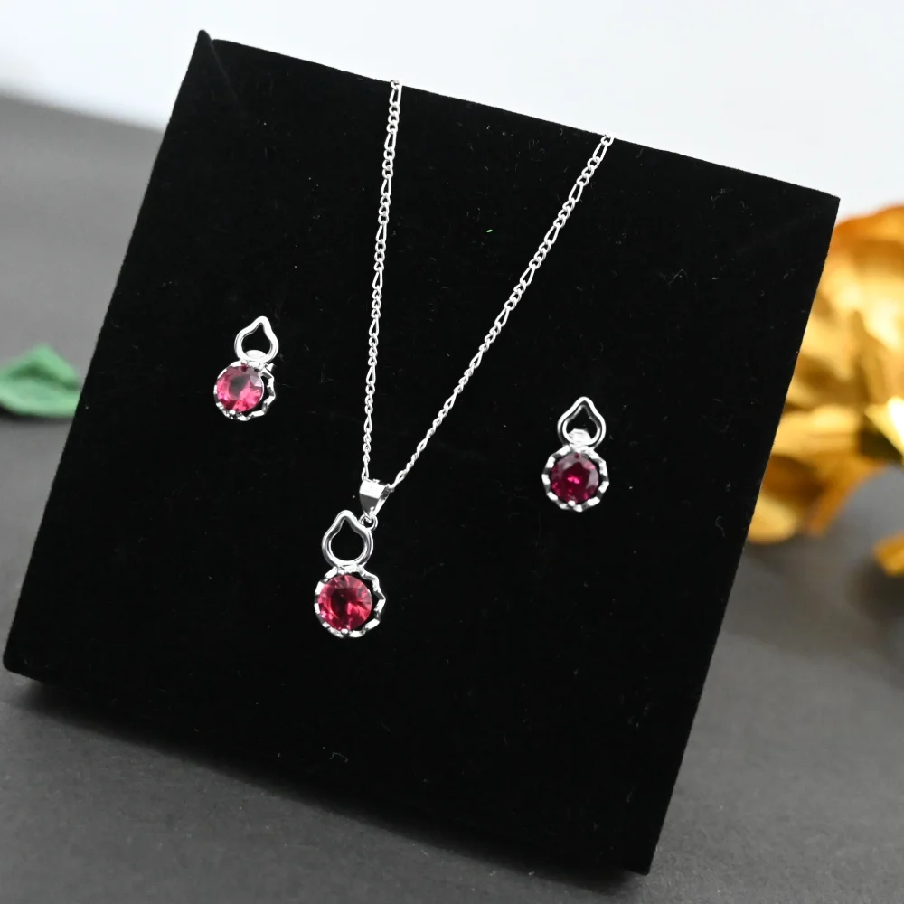 Pink Stone Pendant and Earring Set with Silver Chain