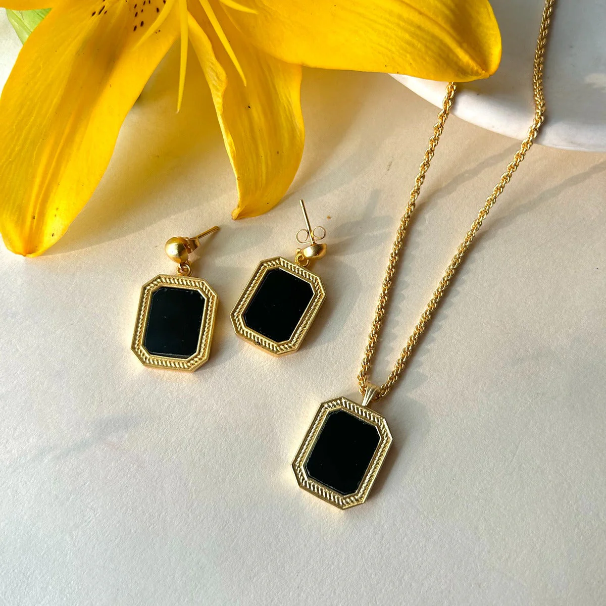 Black Stone Pendant and Earring Set with Gold Plated Chain